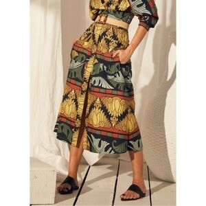 Johanna Ortiz Midi Floral Button-Front Cotton Crossroads Skirt